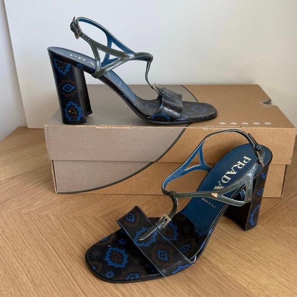 RARE Vintage Prada Blue Floral Chunky Women Heels - SZ 39 1/2 / US 9.5 - Picture 4 of 14